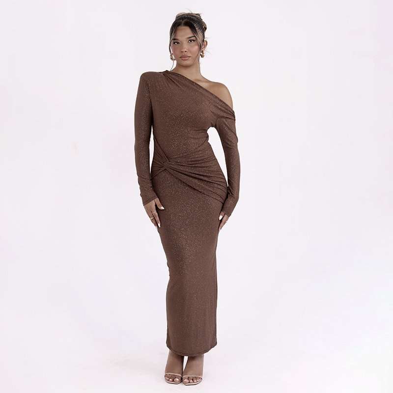 Asymmetrical Neck Ruched  Shimmery Maxi Dress - M, Brown image
