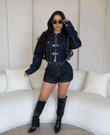 Crop Jacket And High Waist Shorts Set - XL, Blue image
