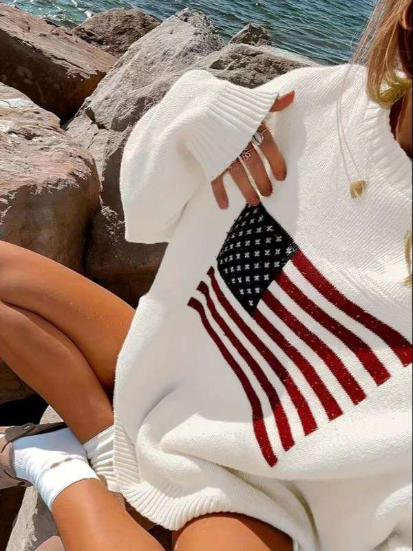 American Flag Graphic Long Sleeve Round Neck Pullover Sweater image 1