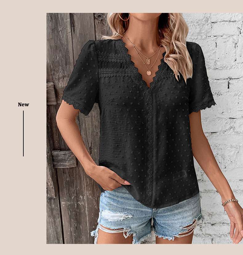 Crochet-Trim V-Neck Blouse - L, Black image