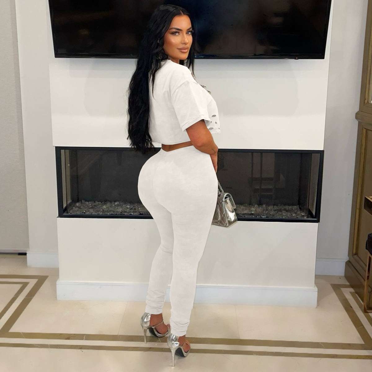 Distressed Studded Crop Top & Leggings Set image 4