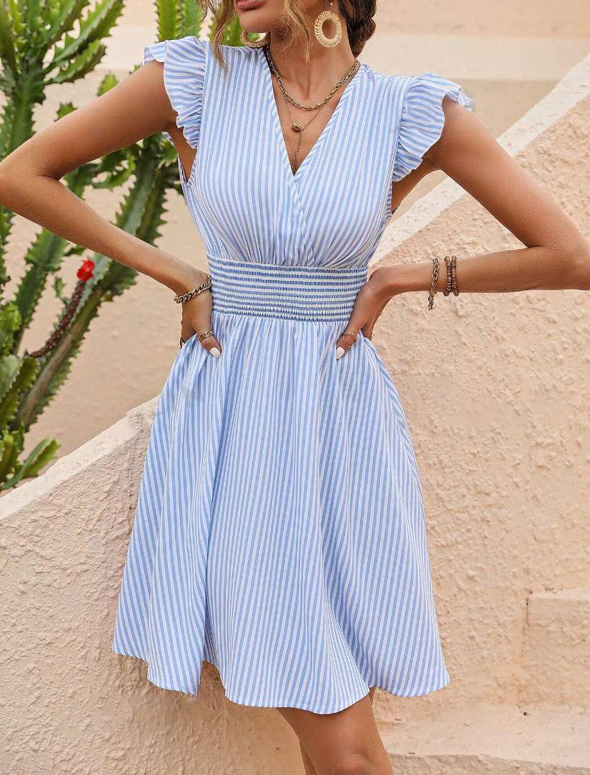 Striped Sleeveless Dress with Ruffled Shoulders - S, Blue image