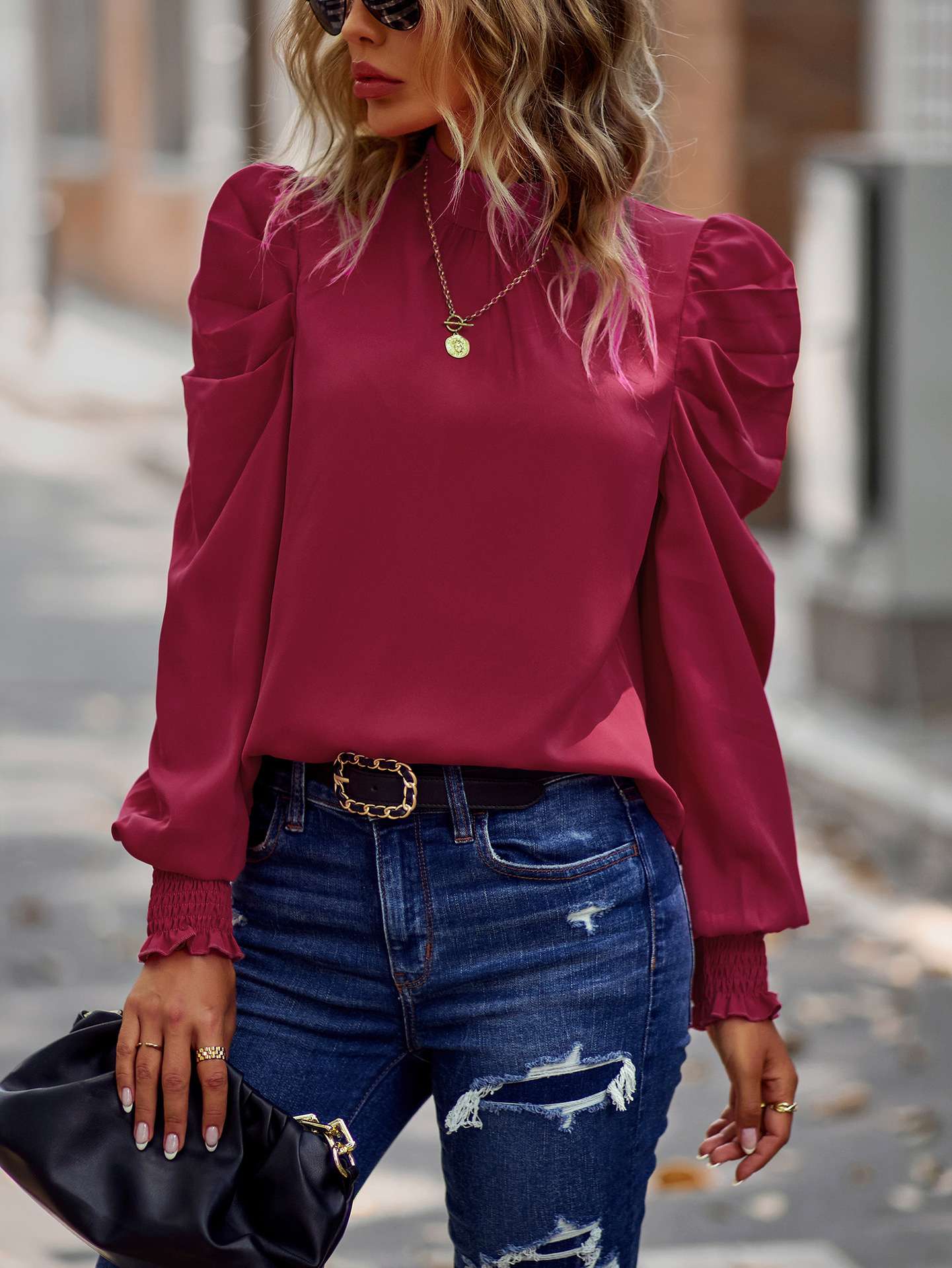 Mock Neck Puff Long Sleeve Casual Top - XL, Carmine Red image