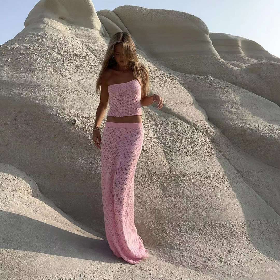 Elegant Knitted Two-Piece Beachwear - S, Pink image