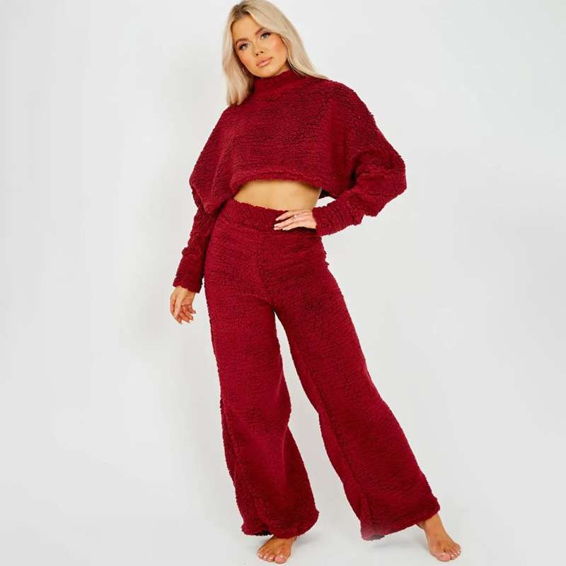 Cropped Top And Wide Leg Pants Lounge Set - XL, Red image