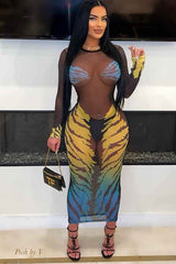 Sexy 3D Print See-Through Mesh Long Sleeve Maxi Dress image 0