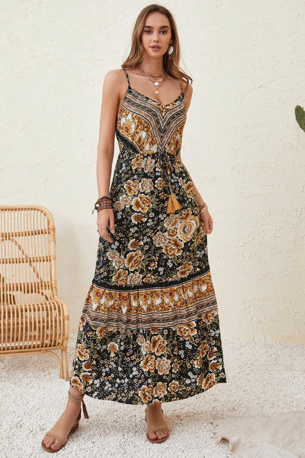 Retro Boho Floral Tassel Tie Maxi Dress Casual image 3