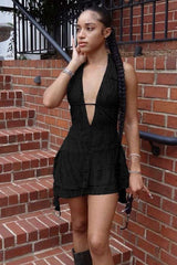 Textured Halter Dress with Ruffled Hem - Black, L image