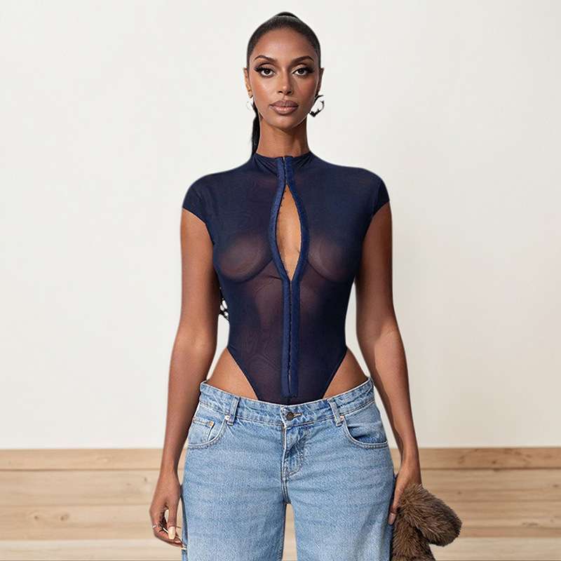 Sheer Mesh Bodysuit with Front Button Closure image 0