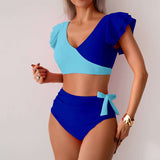 Two-Tone Ruffle Sleeve High-Waisted Bikini Set image 5