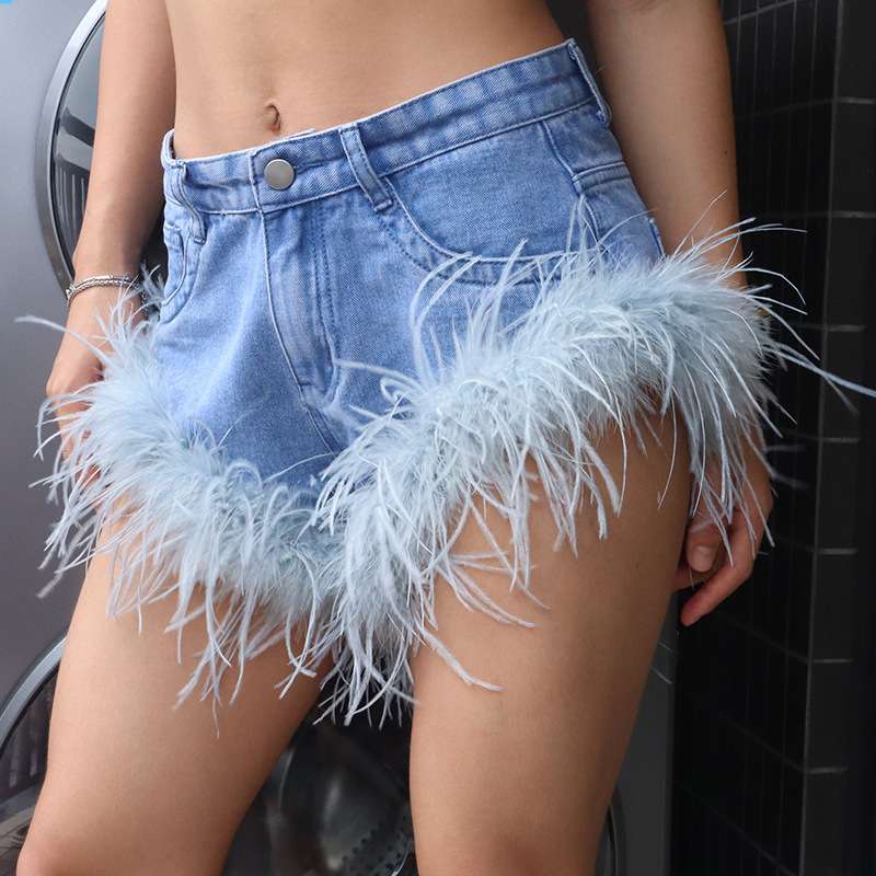 Fluffy Fur Hem Denim Mini Shorts image 0