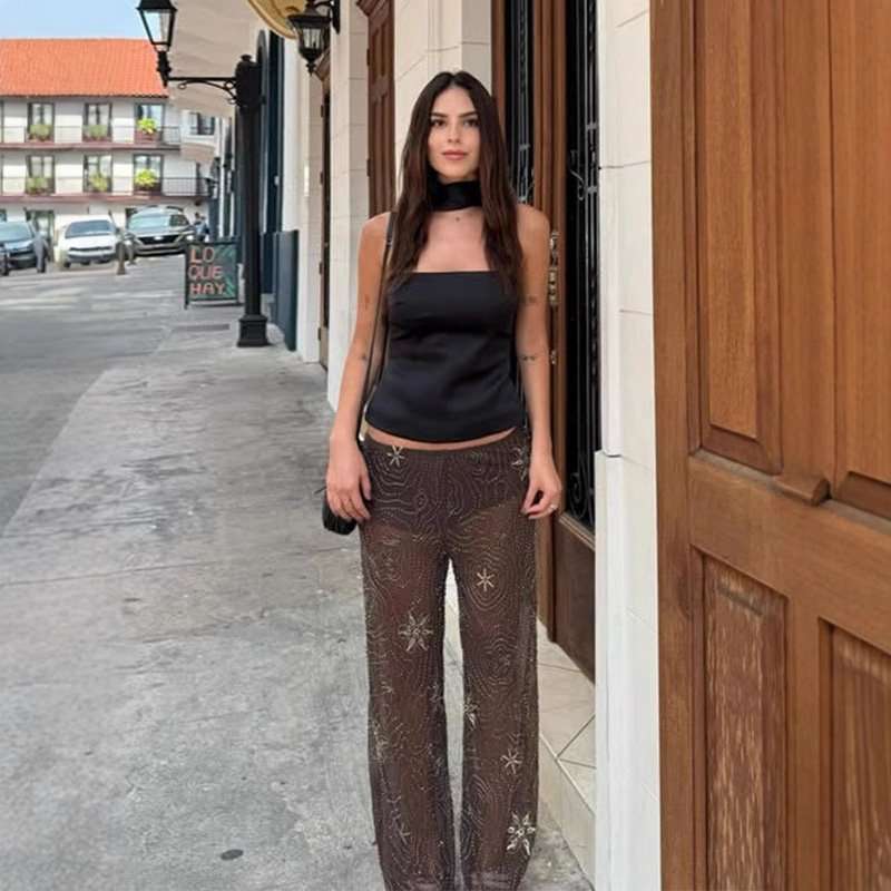 Patterned Wide-Leg Pants - L, Black image