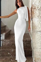 Knot Tie Asymmetric Shoulder Solid Color Maxi Dress image 4