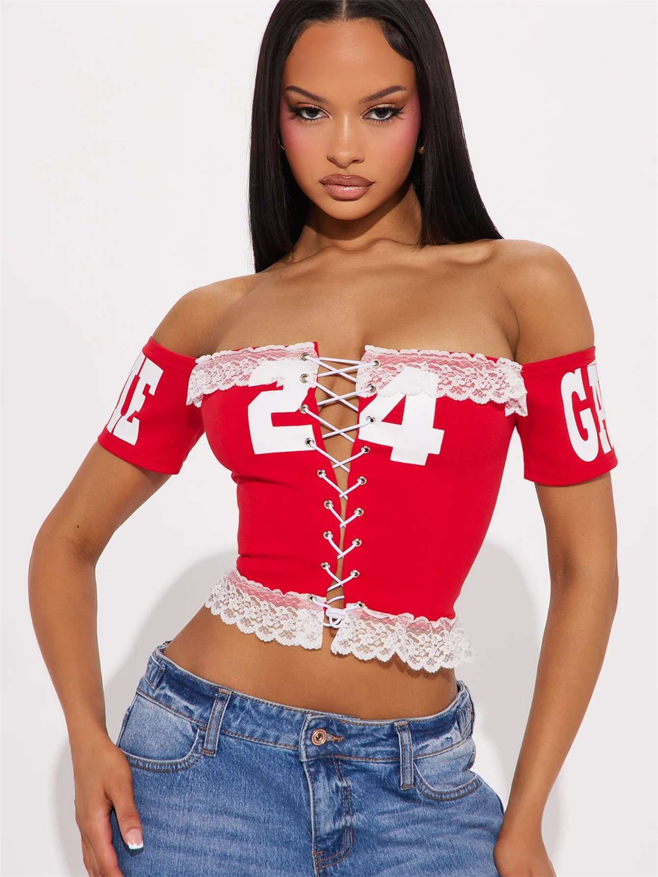 Lace-Up Off-Shoulder Varsity Crop Top - S, Red image