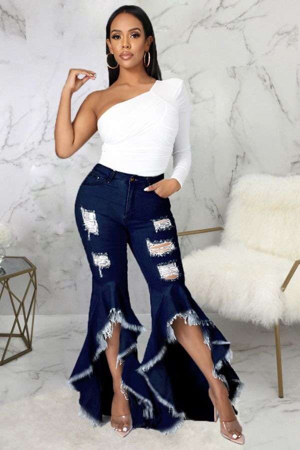 Plus Size Asymmetric Flared Jeans image 0