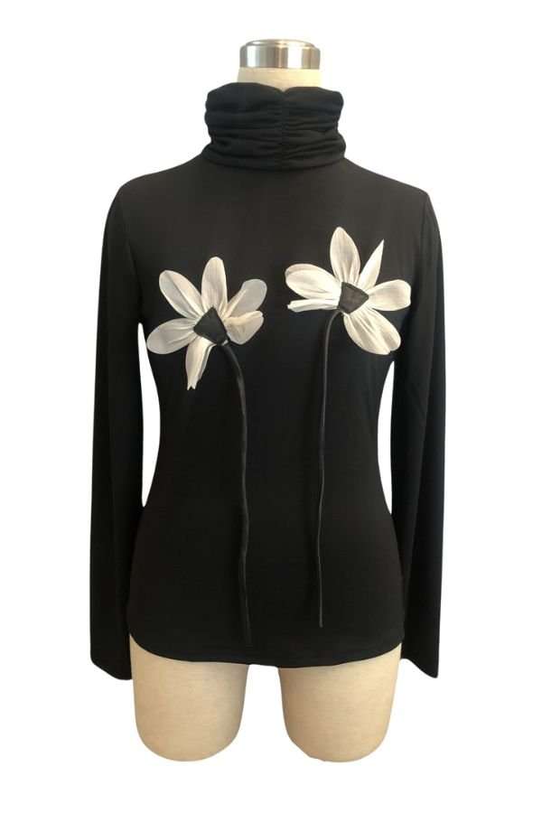 Black floral high neck ribbed top image 2