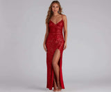 Long Sequined Backless High Slit Straight Dress - S, Red image