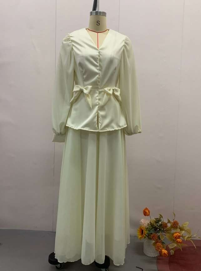 Elegant Top & Skirt Two Piece Sets - S, Light Beige image