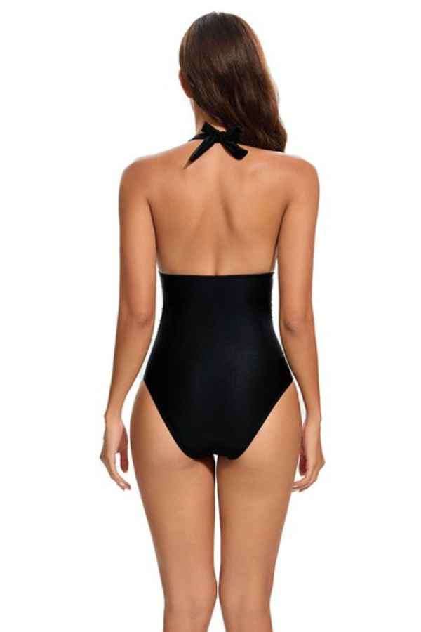 Sexy Deep-V Halter Neck Plain One Piece Bikini Swimsuit image 1