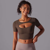 Stylish Cut-Out Sports Top - Coffee Brown, L image