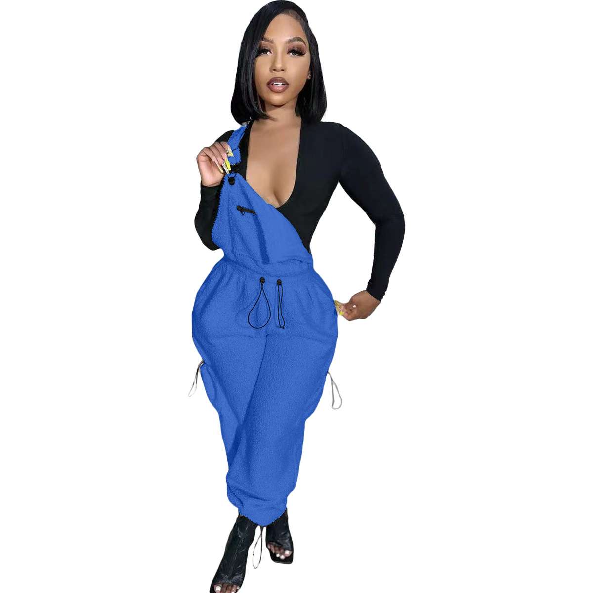 Loose Fit Jumpsuits with Pockets Bib Pants - M, Blue image
