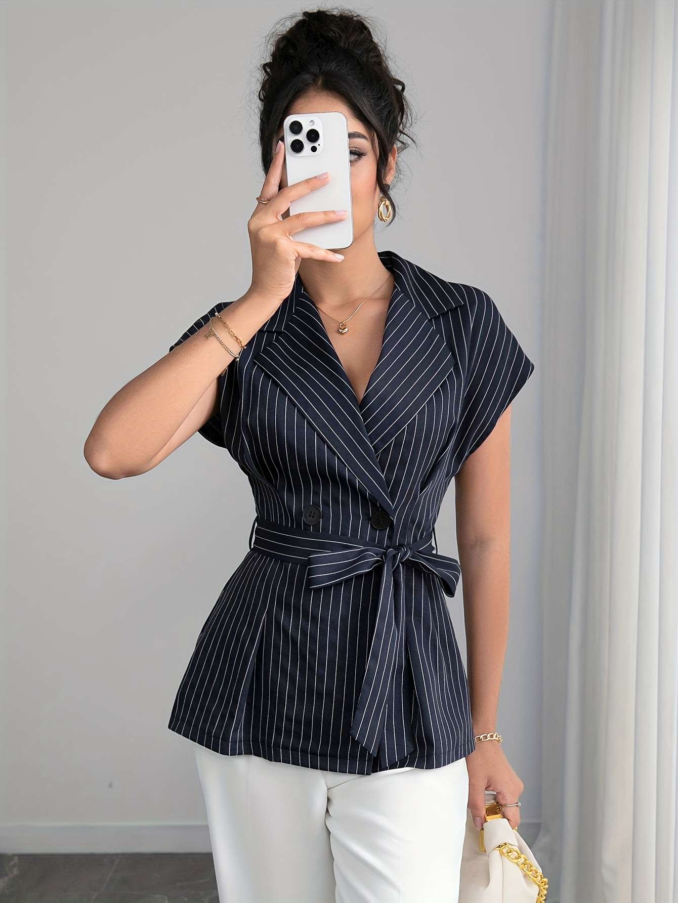 Pinstripe Sleeveless Blazer with Waist Tie image 4