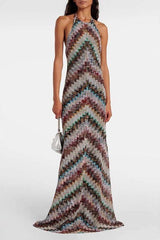 Zigzag Pattern Halter Maxi Dress - L, Grey image