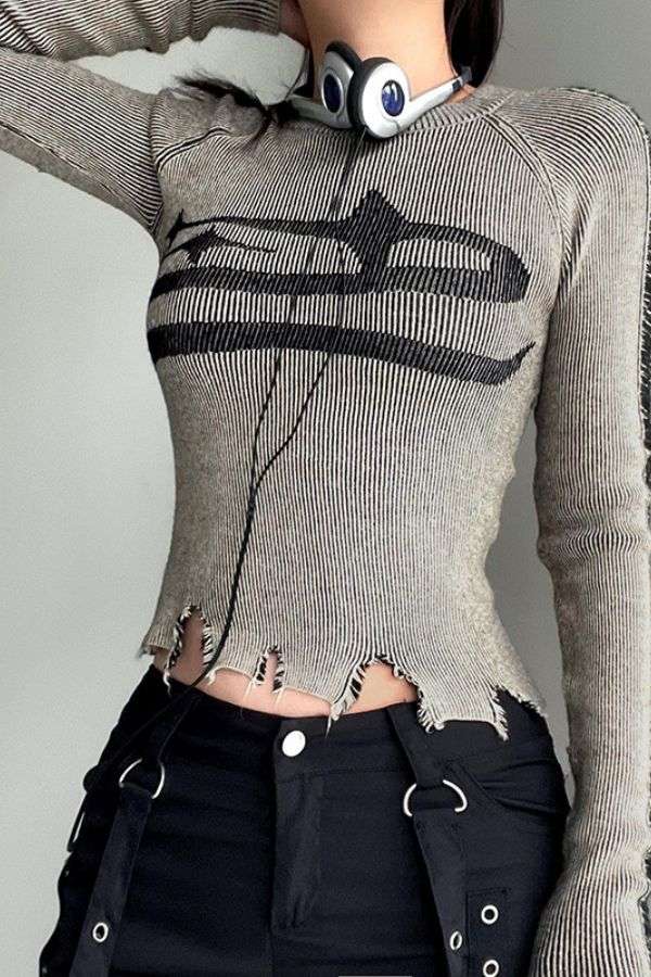 Fashion Distressed Knitted Top - S, Grey image