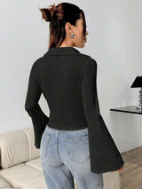 Ribbed Bell Sleeve Blouse with V-Neck image 4