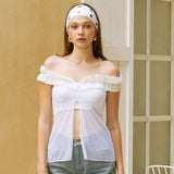 Elegant Off-Shoulder Ruffle Top with Front Tie Detail - S, White image