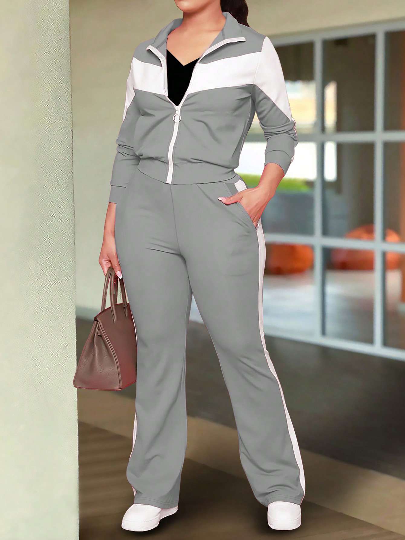 Trendy Color Block Tracksuit - M, Grey image