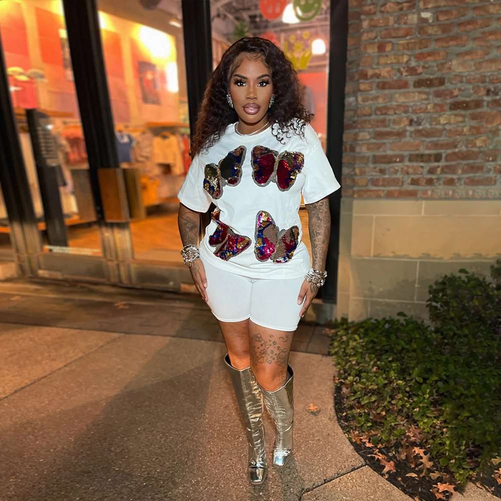 Sequin Lips Graphic T-Shirt & Shorts Set - M, White image