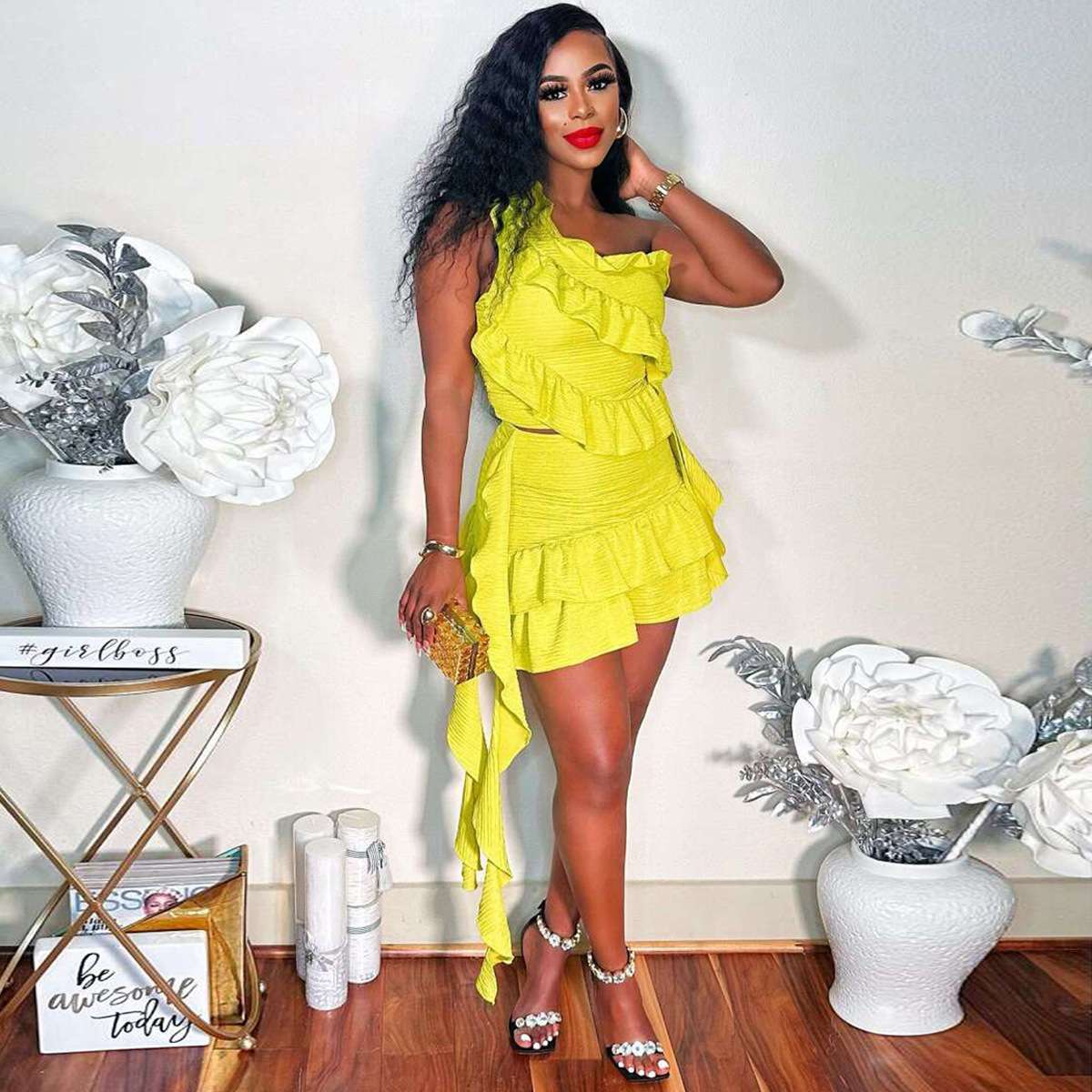 One-Shoulder Ruffle Crop Top & Skirt Set - S, Yellow image