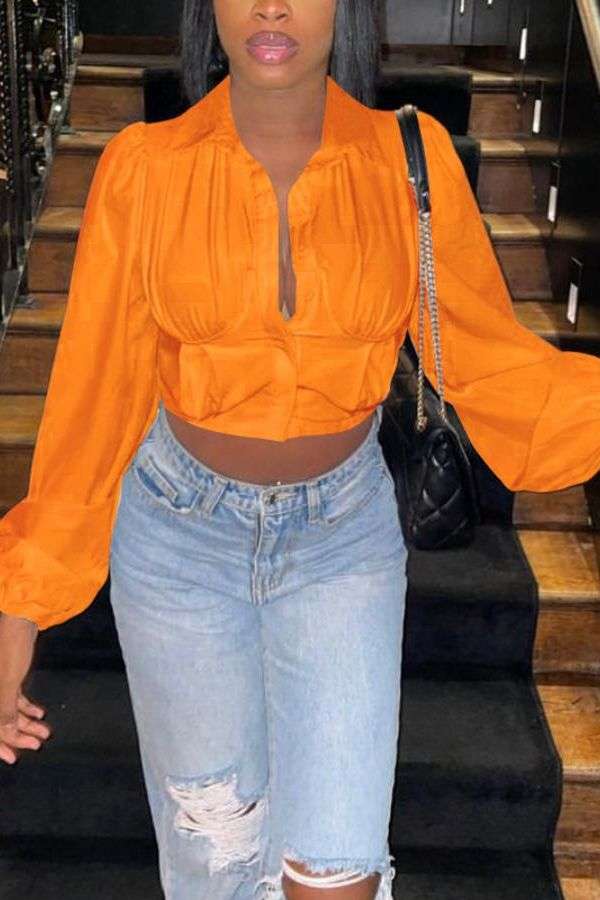 Fashion Long Sleeve Slim Fit Short Blouse - S, Dark Orange image