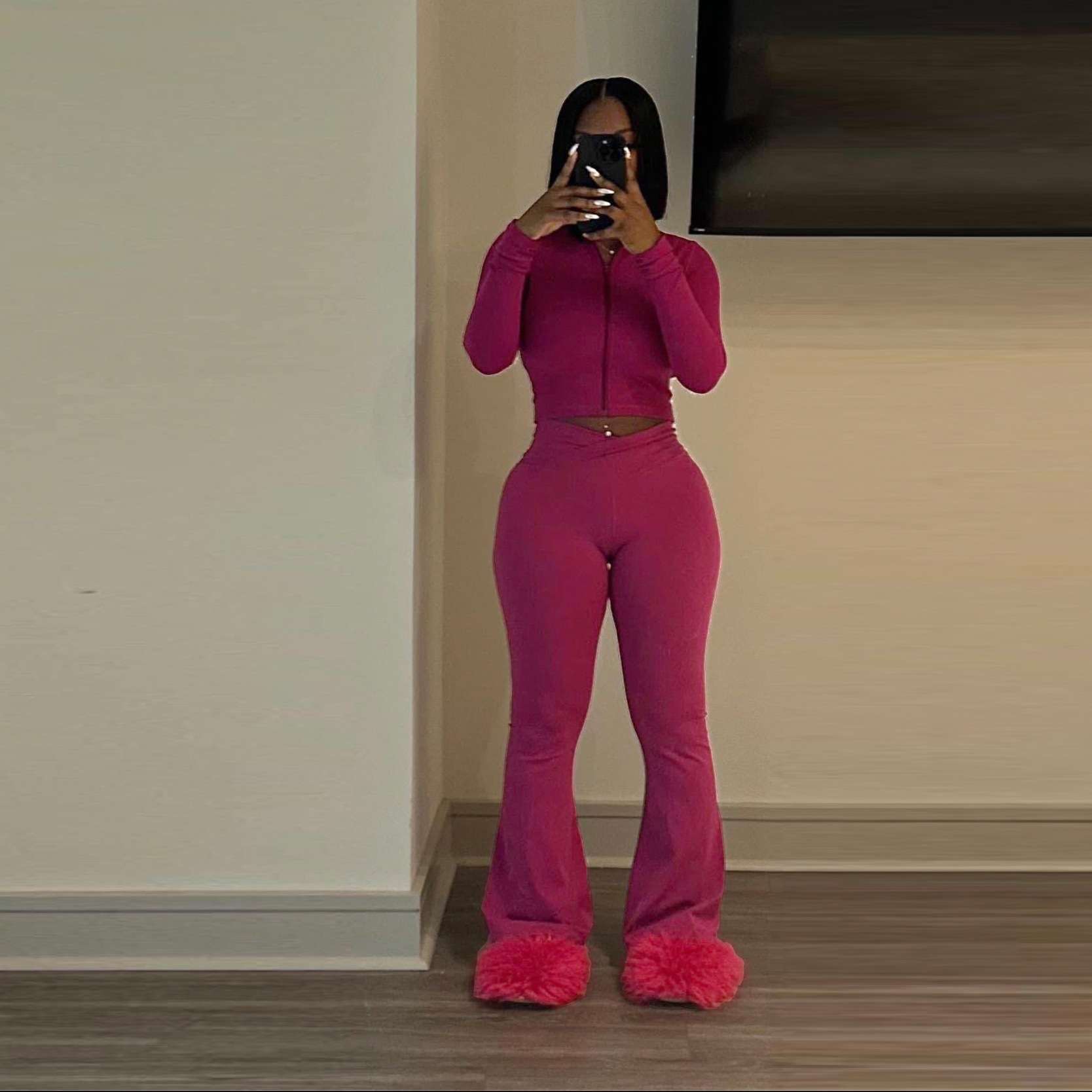 Solid Zipper Slim Two Piece Tracksuits Set - L, Merlot Red image