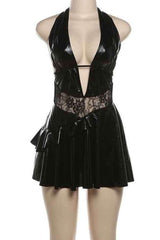 Sexy Halter Neck Deep-V PU Leather Backless Mini Dress image 3