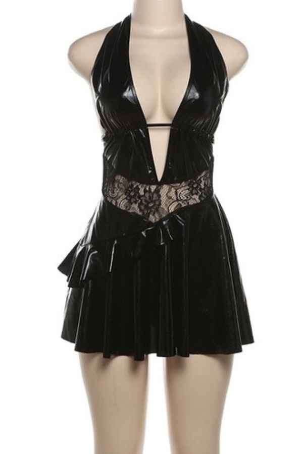 Sexy Halter Neck Deep-V PU Leather Backless Mini Dress image 3