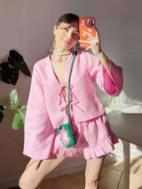 Tie-Front Top & Pleated Shorts Set - L, Pink image