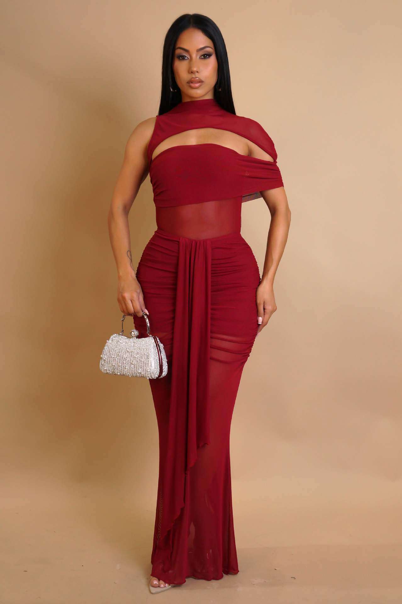 Sheer Mesh Cut-Out Maxi Dress - M, Red image