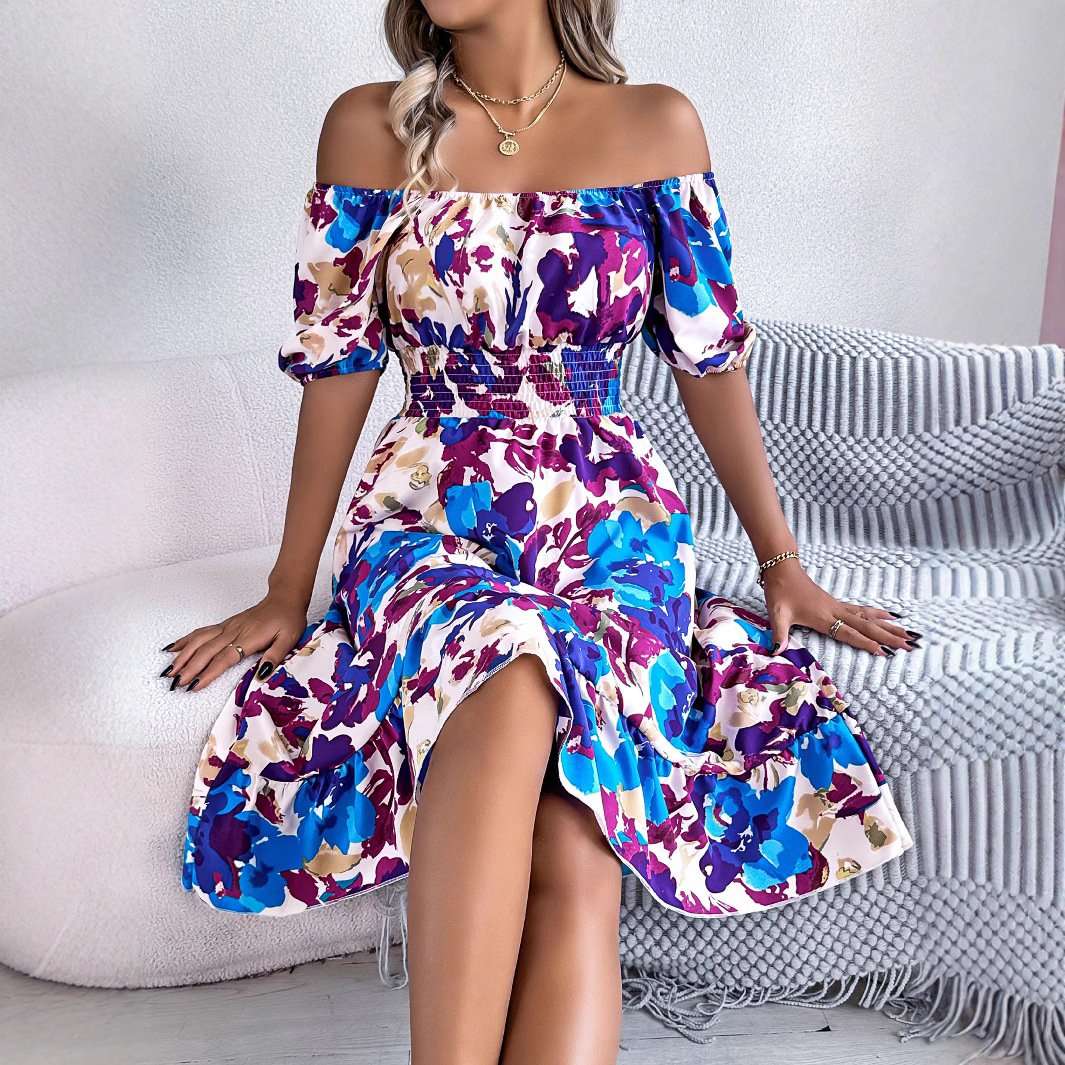 Floral Square Neck Puff Sleeve Midi Dress - M, Multi Blue image