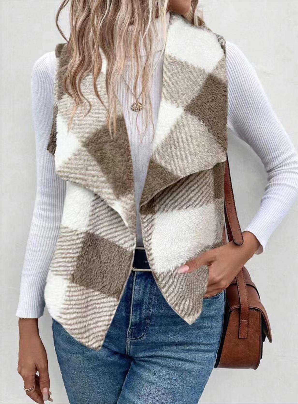 Cozy Plaid Luxe Vest - S, Beige image