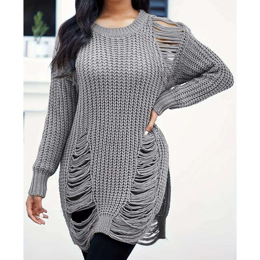 Long Sleeve Ripped Casual Loose Pullover Sweater - M, Grey image