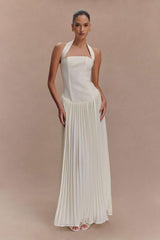 Halter Maxi Dress with Pleated Skirt - S, White image