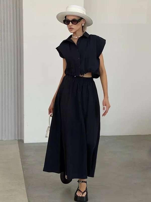 Two-Piece Shirt and Maxi Skirt Set - S, Black image