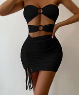 Ring Detail Cut-Out Ruched Bodycon Dress - S, Black image