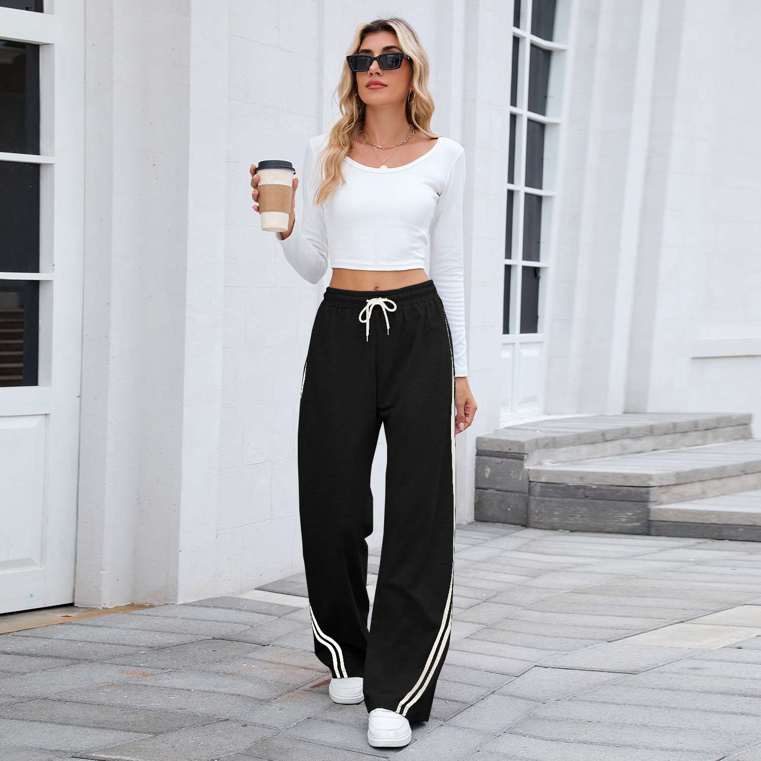 Lounge Pants with Side Stripe Details - L, Black image