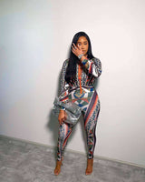 Geometric Print Zipper Front Two Piece Set - L, Orange image