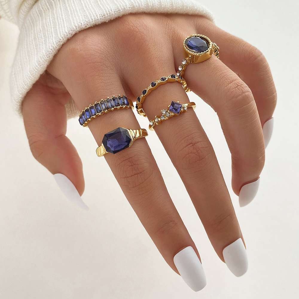 Crystal Ring Set Biker Jewelry - Free Size, Blue image