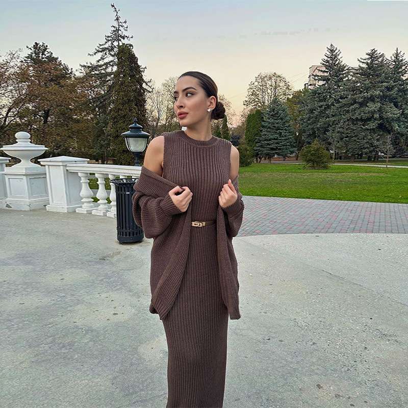 Bodycon Dress & Cardigan Set - S, Coffee Brown image