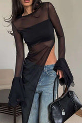 Sheer Mesh Long-Sleeve Top with Flared Cuffs image 0